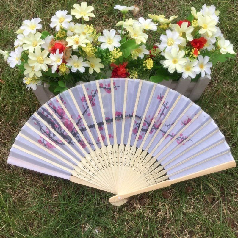 Wedding Bamboo Fan Hand Fan Plum 20pcs/lot Design Silk Elegant Bag Gift With Folding Flower White Organza