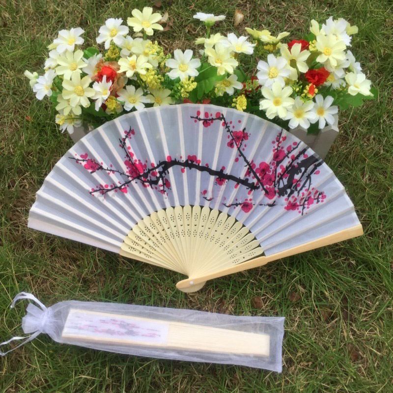 Wedding Bamboo Fan Hand Fan Plum 20pcs/lot Design Silk Elegant Bag Gift With Folding Flower White Organza