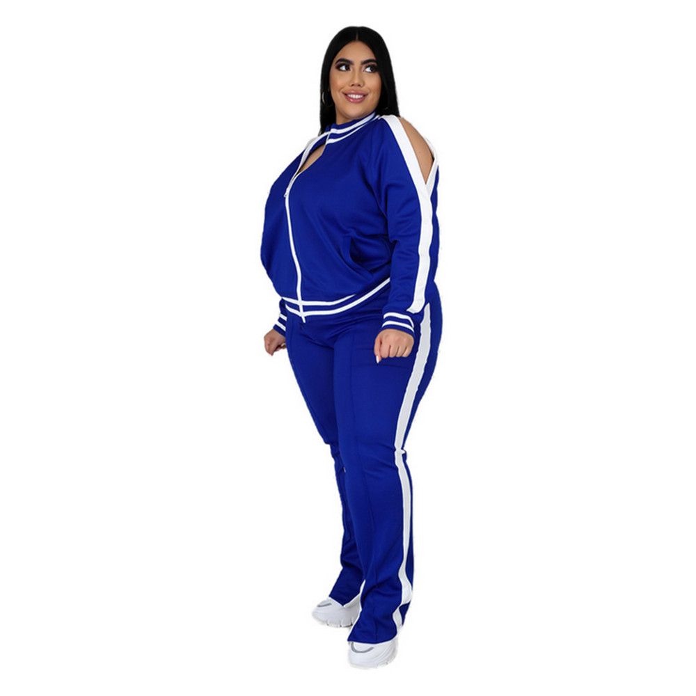 Women Plus Size Clothing 2 Piece Set Long Sleeve Sweatshirt-Blue