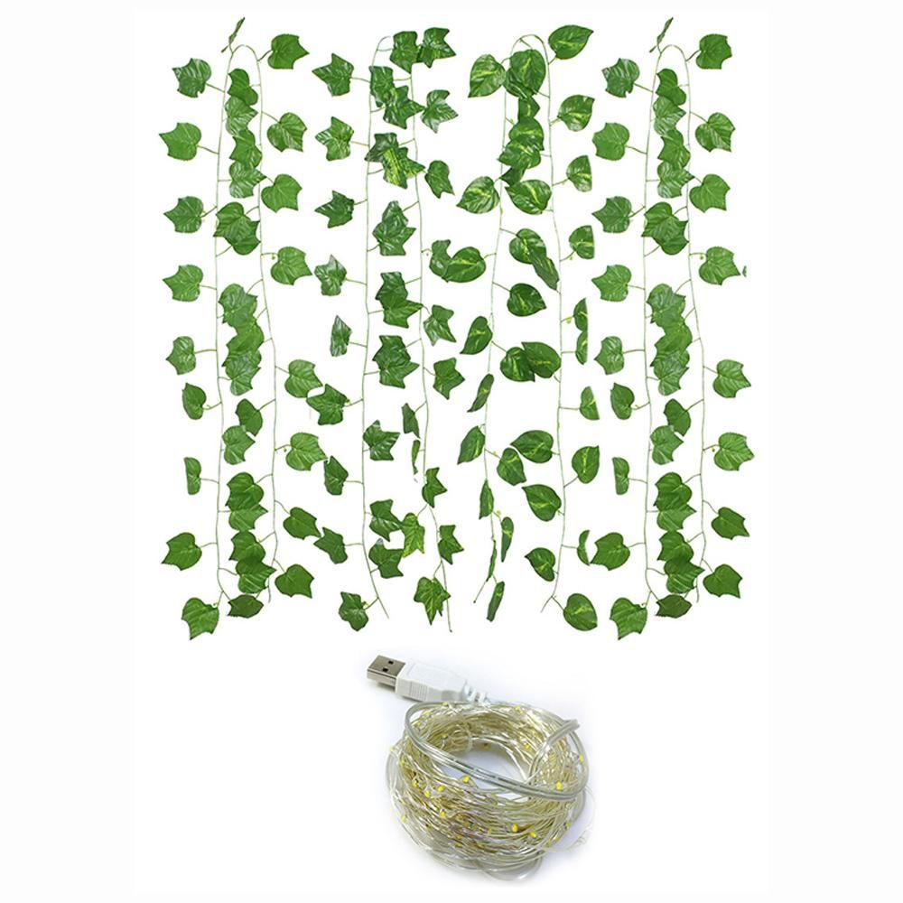Green Leaf Rattan Artificial Ivy Garland Fake Leaf Plants Vine Garland String Light 2 Meters 20 LEDs USB Powered Wedding Party Christmas Holiday Patio Decoration