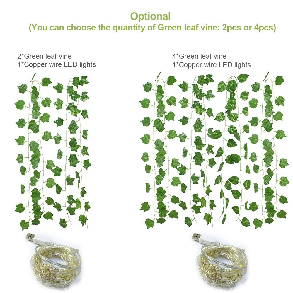 Green Leaf Rattan Artificial Ivy Garland Fake Leaf Plants Vine Garland String Light 2 Meters 20 LEDs USB Powered Wedding Party Christmas Holiday Patio Decoration