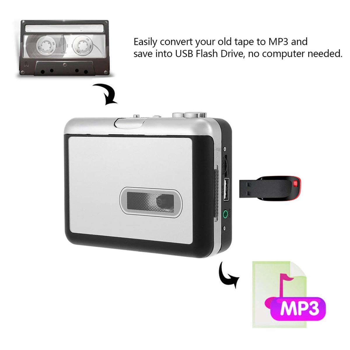 ezcap Cassette Tape-to-MP3 Converter Save into USB Flash Disk Auto Partition Standalone Recorder w/ Earphone Black with Grey