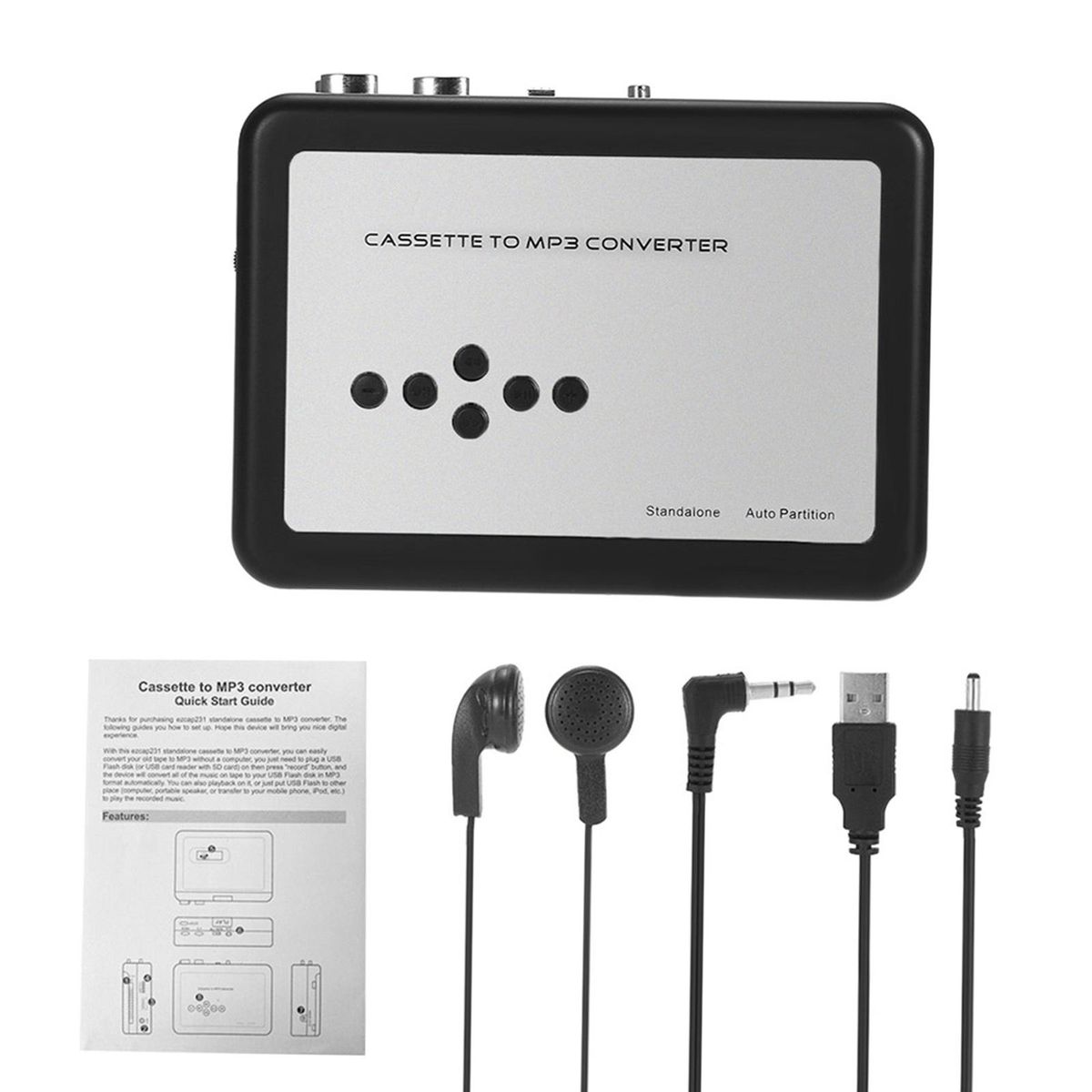 ezcap Cassette Tape-to-MP3 Converter Save into USB Flash Disk Auto Partition Standalone Recorder w/ Earphone Black with Grey