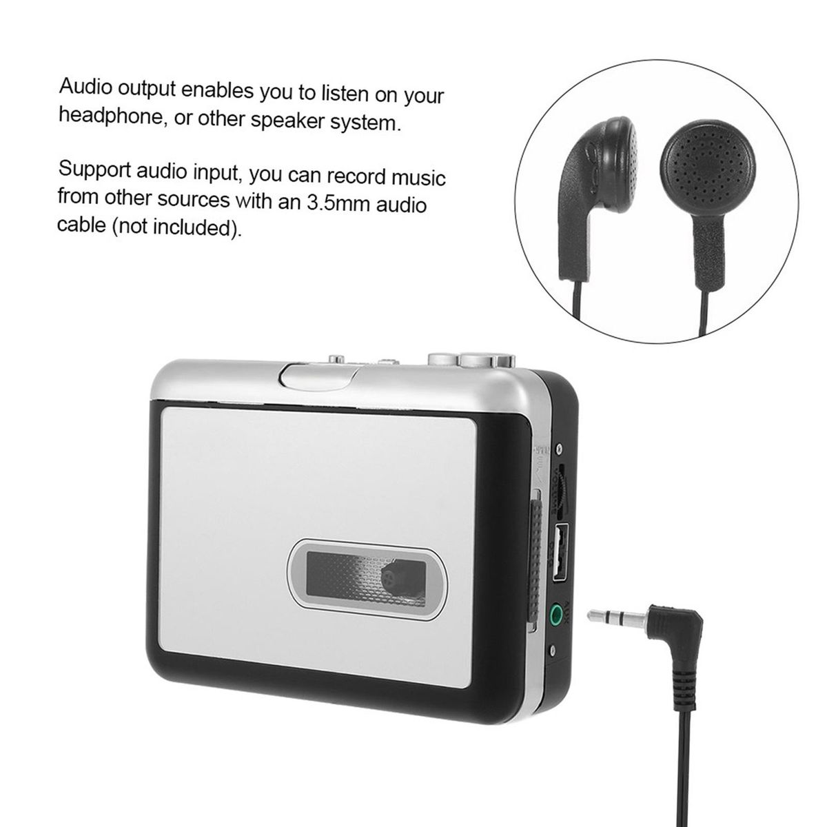 ezcap Cassette Tape-to-MP3 Converter Save into USB Flash Disk Auto Partition Standalone Recorder w/ Earphone Black with Grey