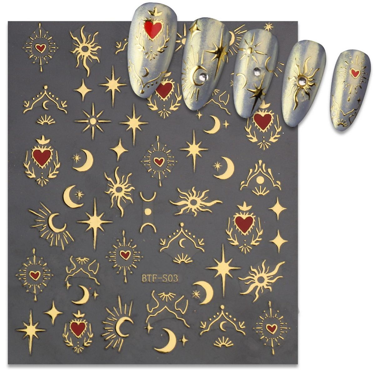 2 Sheets Sun Nail Stickers Silver Rose Golden Moon Nail Decals Golden