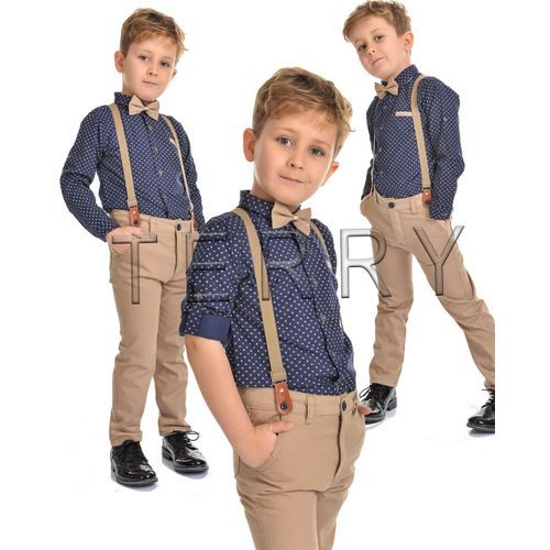 Turkey Boys Dotted Long Sleeve Shirt With Tapered Leg Fitted Trouser Set-Blue/Brown