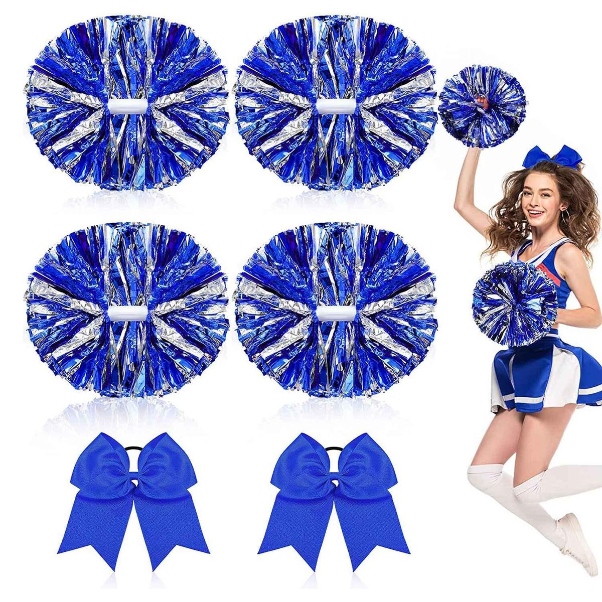 6 Pcs 13 Inch Cheerleading Pom Poms and Big Bow, Suitable for Girls' Cheerleading Poms, Metal Poms and Handles,Blue