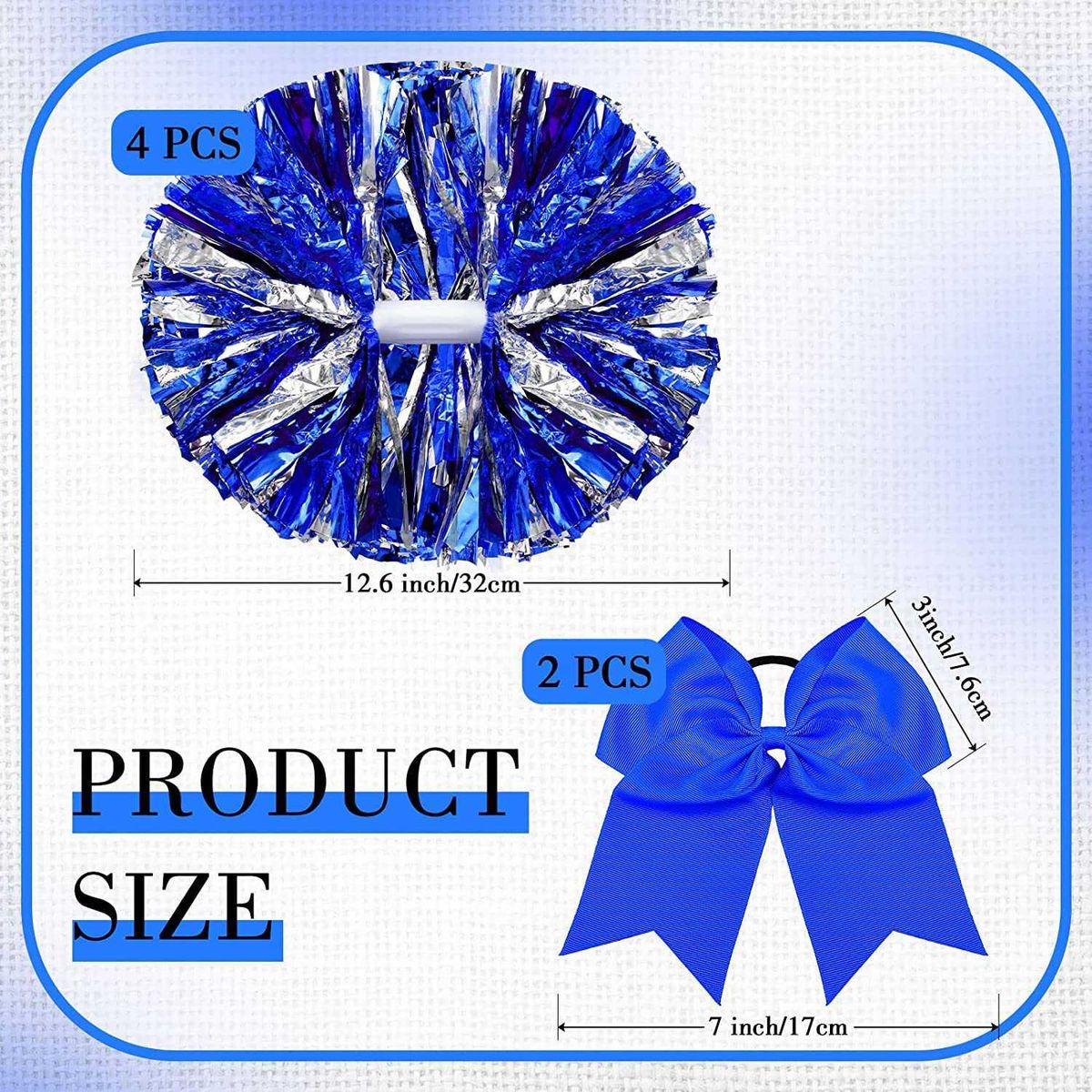 6 Pcs 13 Inch Cheerleading Pom Poms and Big Bow, Suitable for Girls' Cheerleading Poms, Metal Poms and Handles,Blue