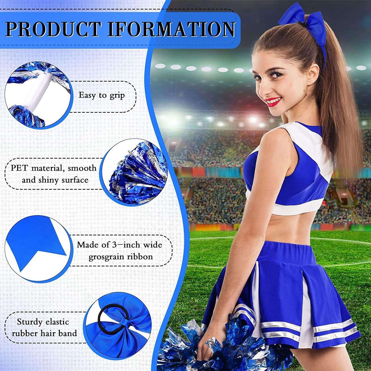 6 Pcs 13 Inch Cheerleading Pom Poms and Big Bow, Suitable for Girls' Cheerleading Poms, Metal Poms and Handles,Blue