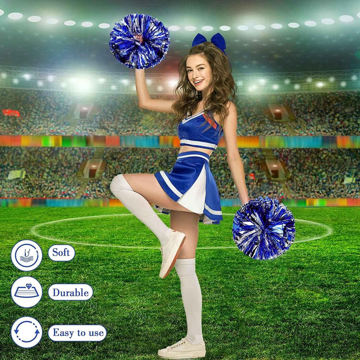 6 Pcs 13 Inch Cheerleading Pom Poms and Big Bow, Suitable for Girls' Cheerleading Poms, Metal Poms and Handles,Blue