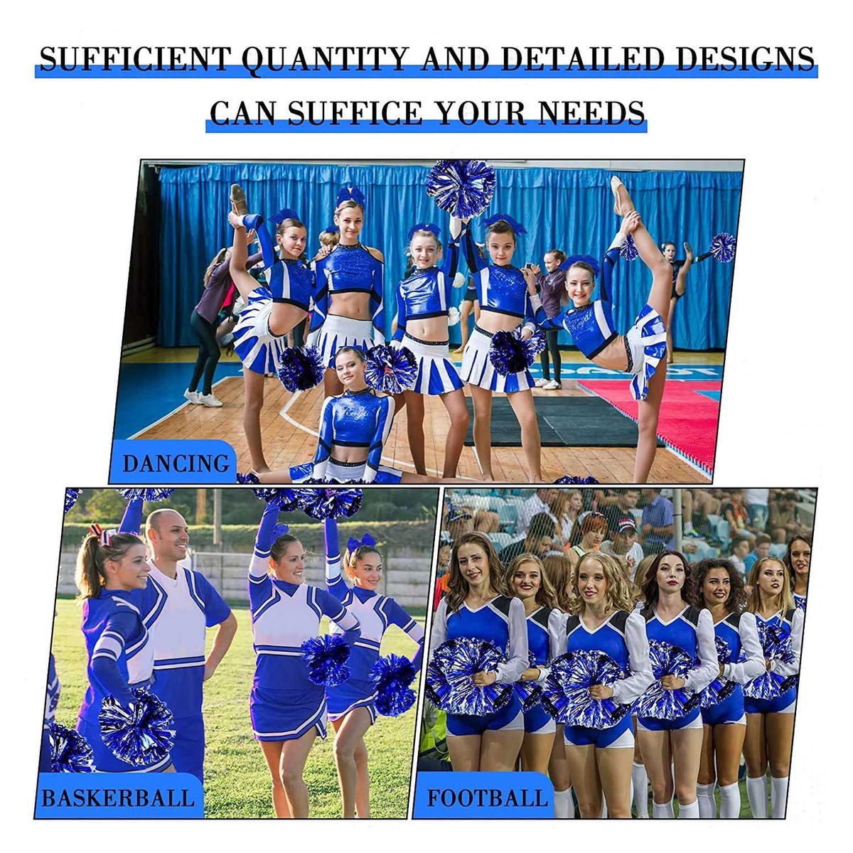 6 Pcs 13 Inch Cheerleading Pom Poms and Big Bow, Suitable for Girls' Cheerleading Poms, Metal Poms and Handles,Blue
