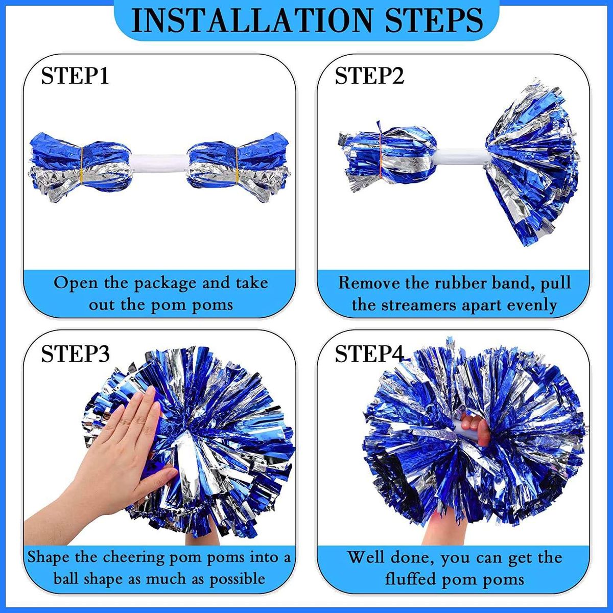 6 Pcs 13 Inch Cheerleading Pom Poms and Big Bow, Suitable for Girls' Cheerleading Poms, Metal Poms and Handles,Blue