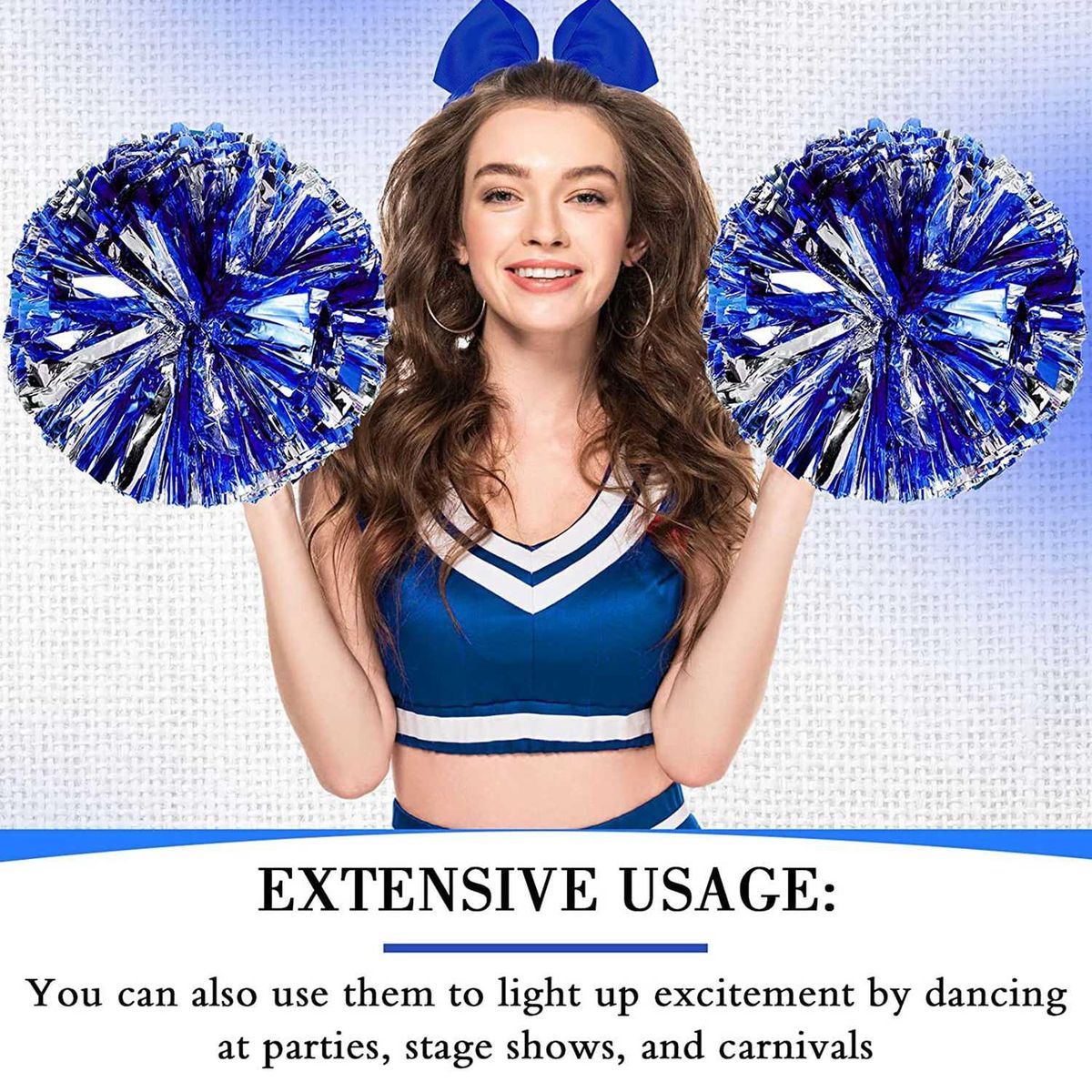 6 Pcs 13 Inch Cheerleading Pom Poms and Big Bow, Suitable for Girls' Cheerleading Poms, Metal Poms and Handles,Blue