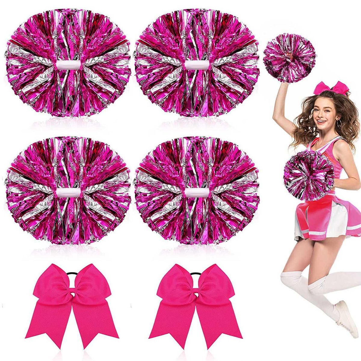 6 Pcs 13 Inch Cheerleading Pom Poms and Big Bow, Suitable for Girls' Cheerleading Poms, Metal Poms and Handles,Pink