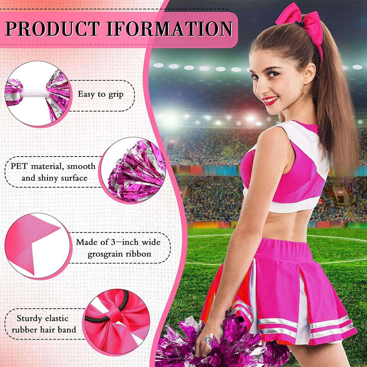 6 Pcs 13 Inch Cheerleading Pom Poms and Big Bow, Suitable for Girls' Cheerleading Poms, Metal Poms and Handles,Pink