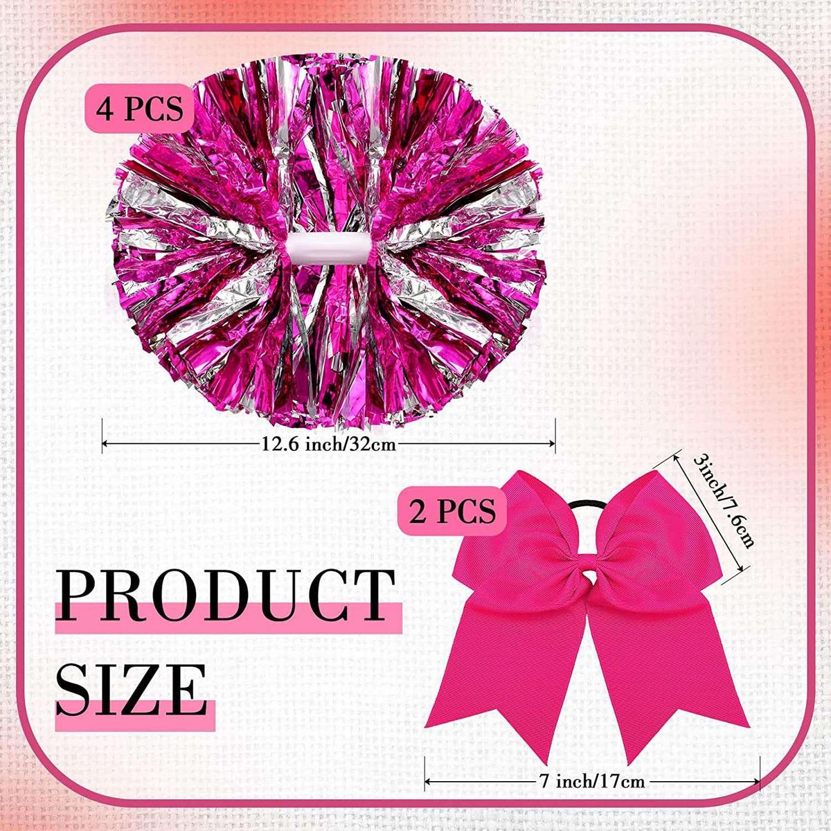 6 Pcs 13 Inch Cheerleading Pom Poms and Big Bow, Suitable for Girls' Cheerleading Poms, Metal Poms and Handles,Pink