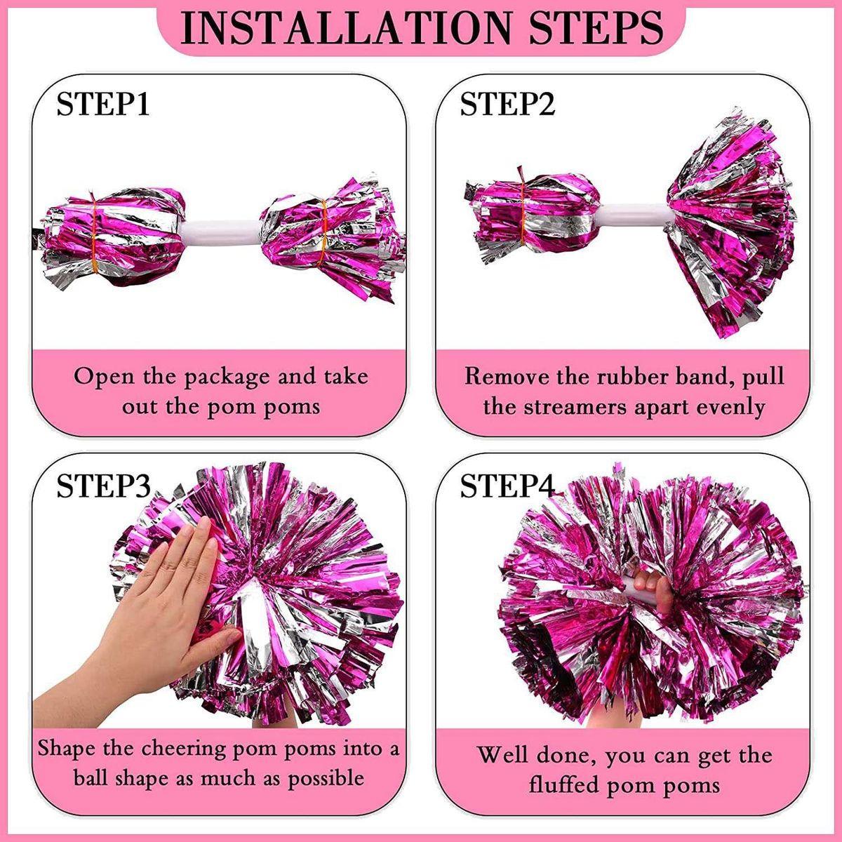 6 Pcs 13 Inch Cheerleading Pom Poms and Big Bow, Suitable for Girls' Cheerleading Poms, Metal Poms and Handles,Pink