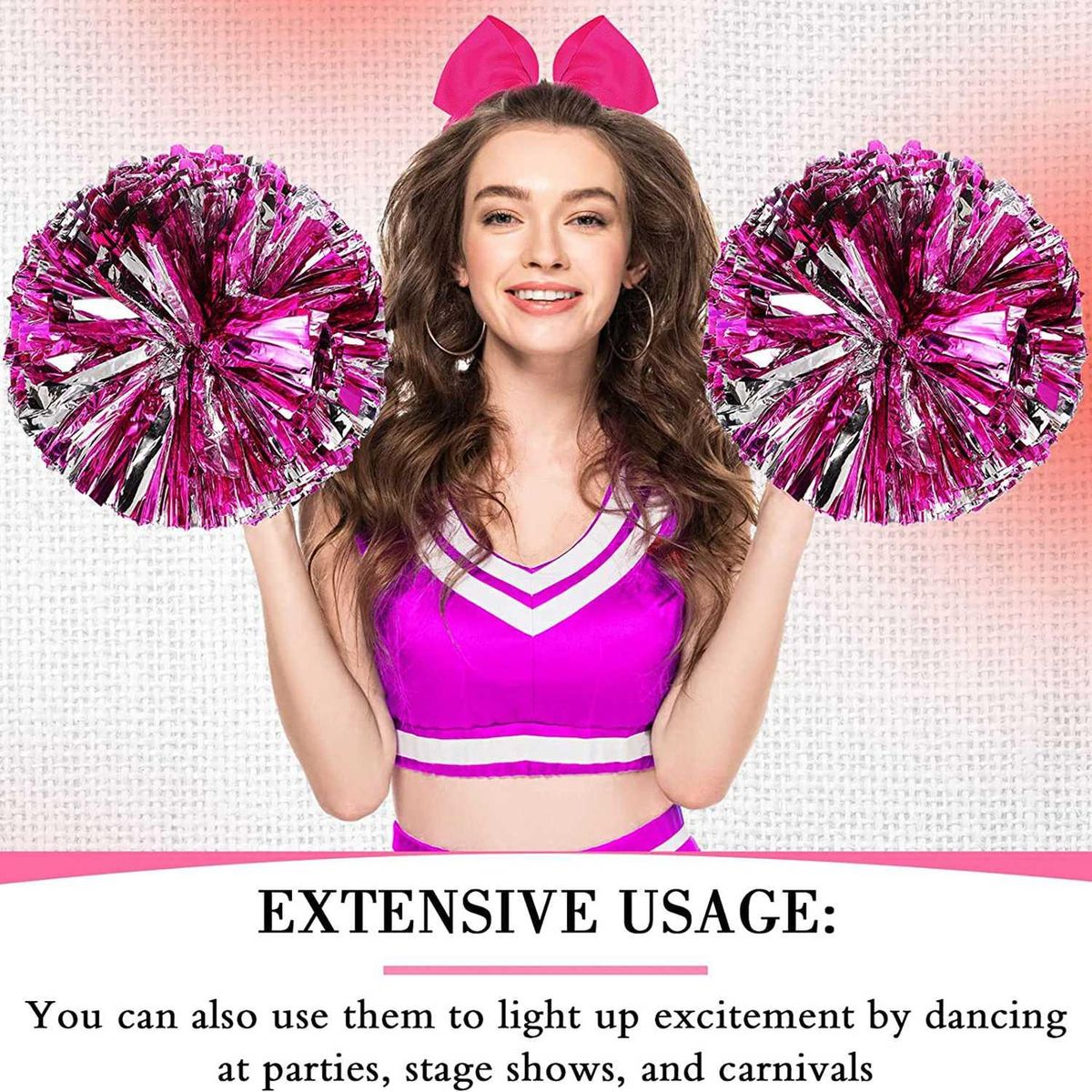 6 Pcs 13 Inch Cheerleading Pom Poms and Big Bow, Suitable for Girls' Cheerleading Poms, Metal Poms and Handles,Pink