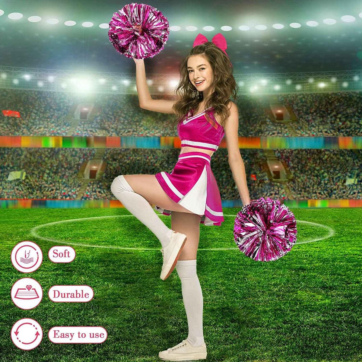 6 Pcs 13 Inch Cheerleading Pom Poms and Big Bow, Suitable for Girls' Cheerleading Poms, Metal Poms and Handles,Pink