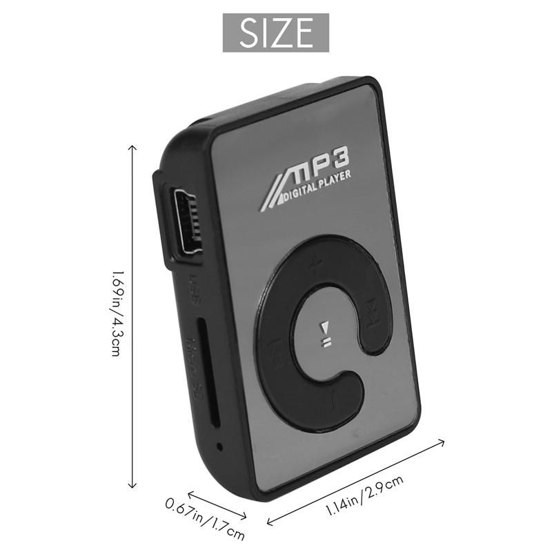 Mini Mirror Clip USB Digital Mp3 Music Player Support 8GB SD TF Card Black