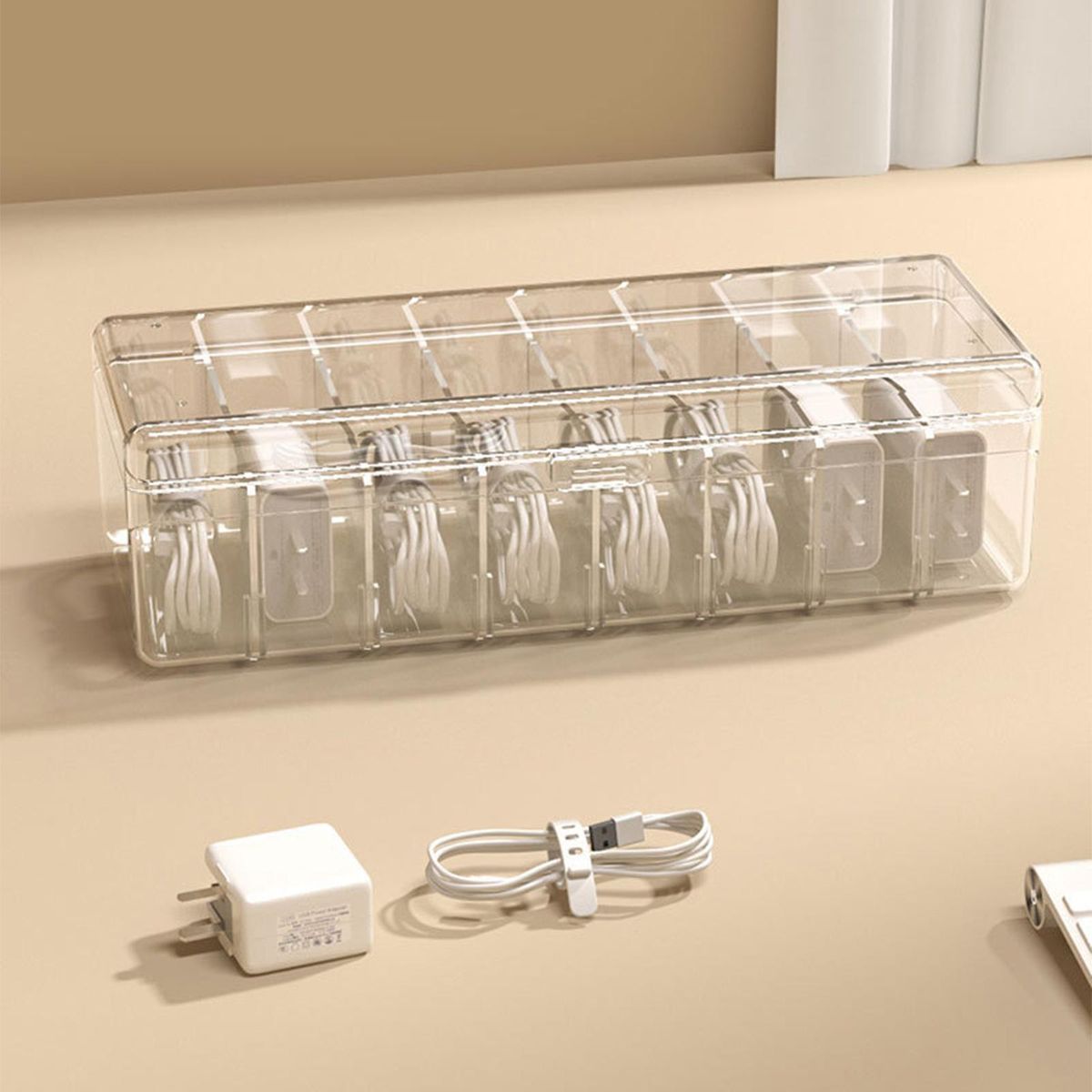 Desktop Cable Storage Box Compartments Holder Multifunction For Clear