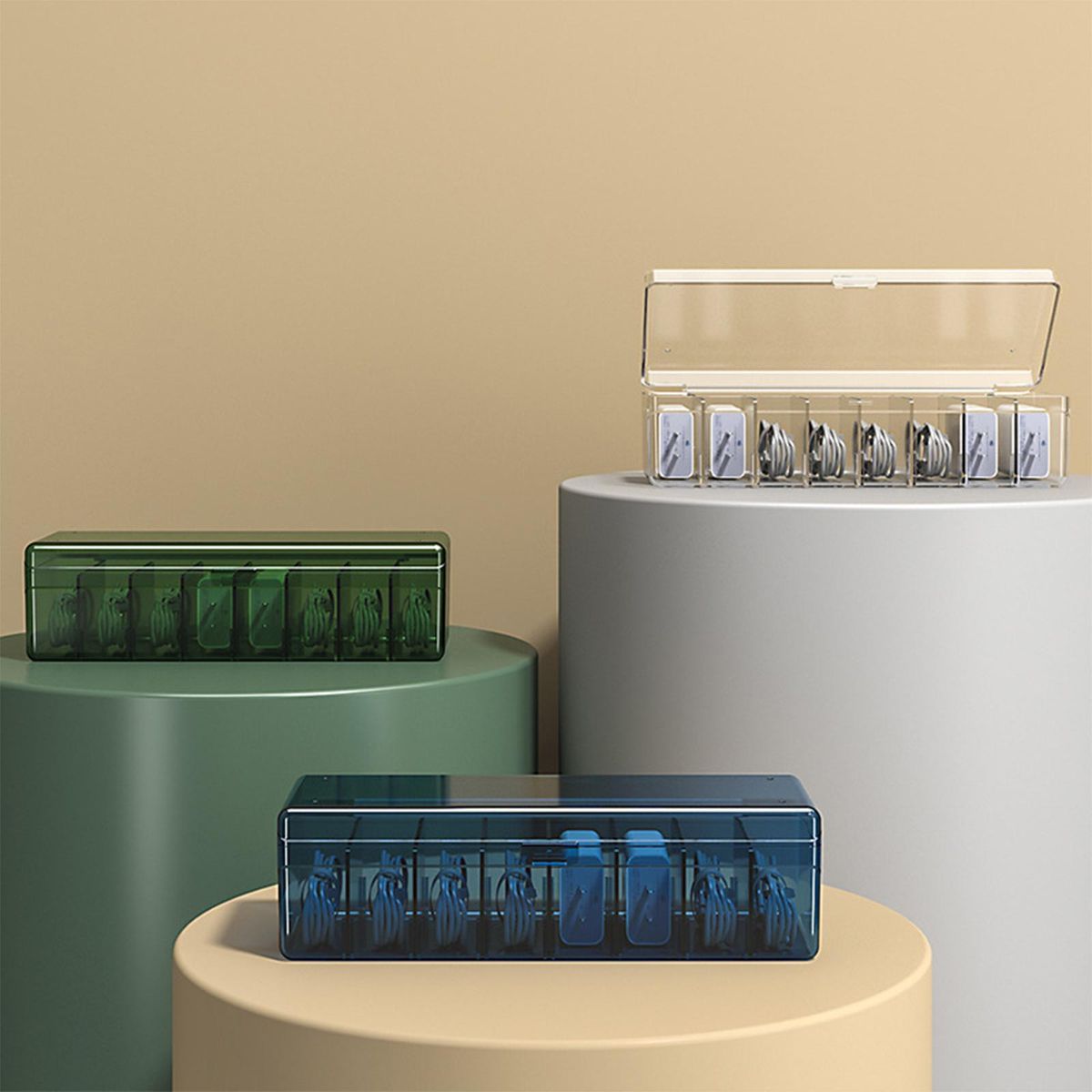 Desktop Cable Storage Box Compartments Holder Multifunction For Clear