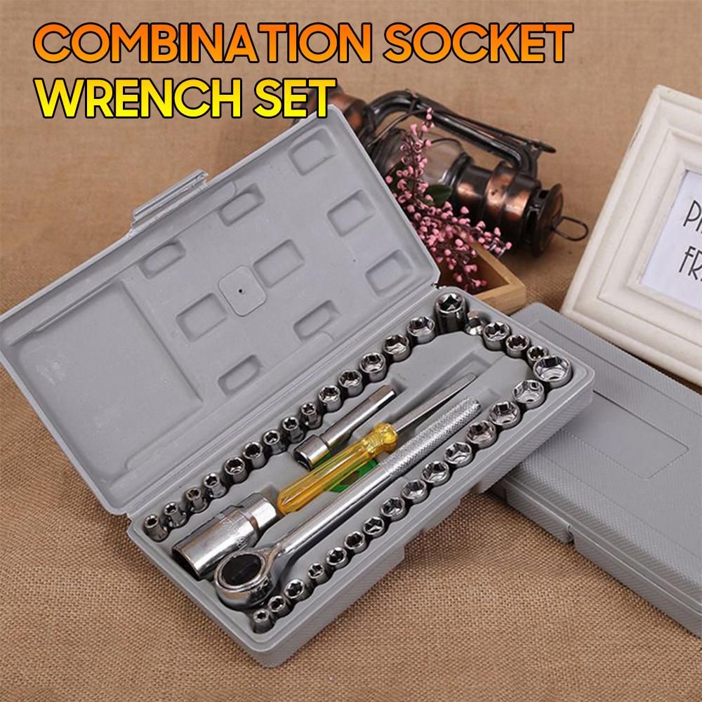 40pcs Wrench & Socket Tool Kit 40-Piece 1/4'' and 3/8'' Drive Socket Wrench Set Metric and SAE Combination Socket Wrench Drive Socket Set with Reversible Ratcheting Wrench with Tool Case Car Vehicle Maintenance