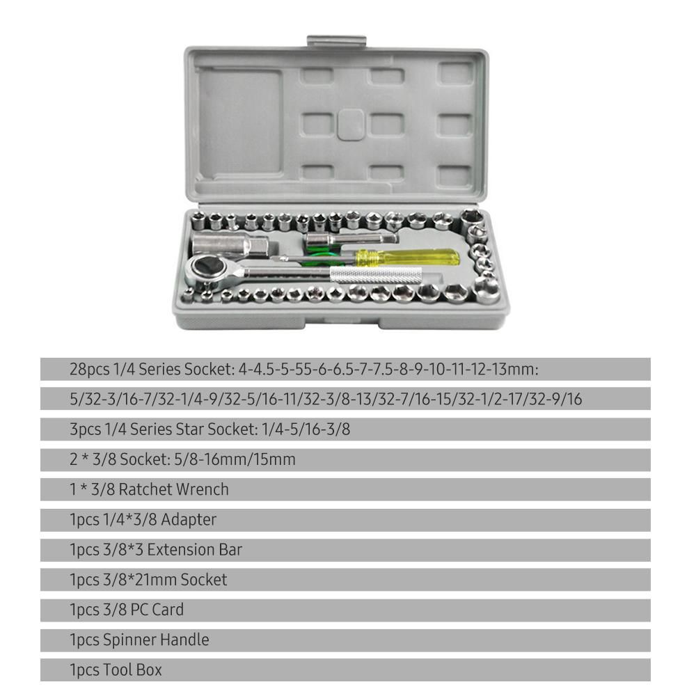 40pcs Wrench & Socket Tool Kit 40-Piece 1/4'' and 3/8'' Drive Socket Wrench Set Metric and SAE Combination Socket Wrench Drive Socket Set with Reversible Ratcheting Wrench with Tool Case Car Vehicle Maintenance