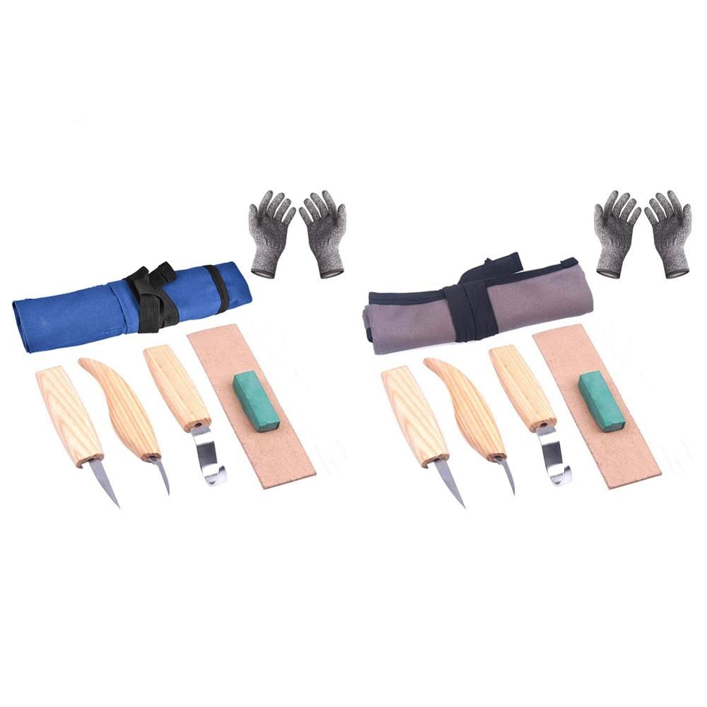 6pcs High Manganese Steel Wooden Carving Tools Cutter Spoon Sharpen Leather Polishing Wax with Cut-proof Gloves Woodworking Craft