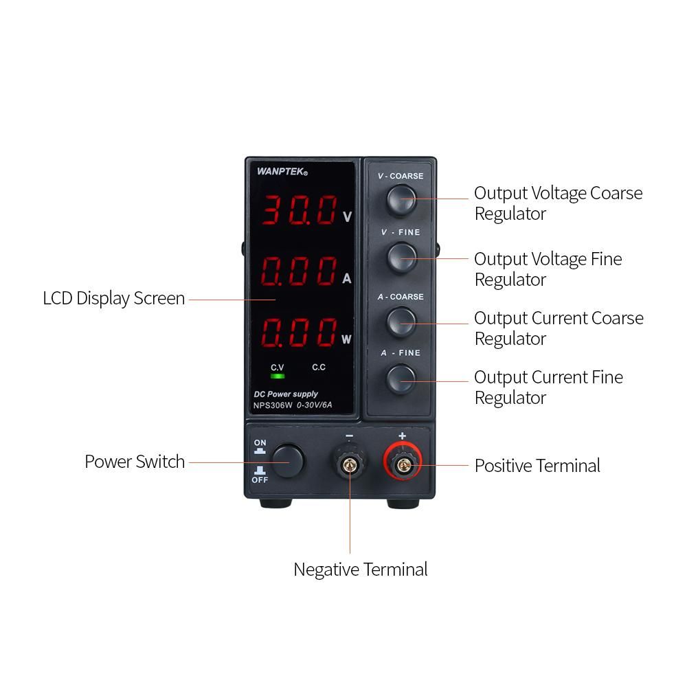 wanptek NPS306W 0-30V 0-6A Switching DC Power Supply 3 Digits Display LED High Precision Adjustable Mini Power Supply AC 115V/230V 50/60Hz Voltage & Current Regulated Dual Output