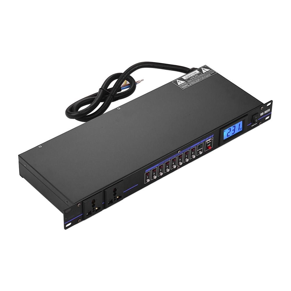 VS-1028 10-outlet Rack Mount Power Sequence Controller Conditioner Surge Protector Power Supply Regulator with LCD Display USB Interface for DJ Equipment Instrument Rigs Audio Recording System