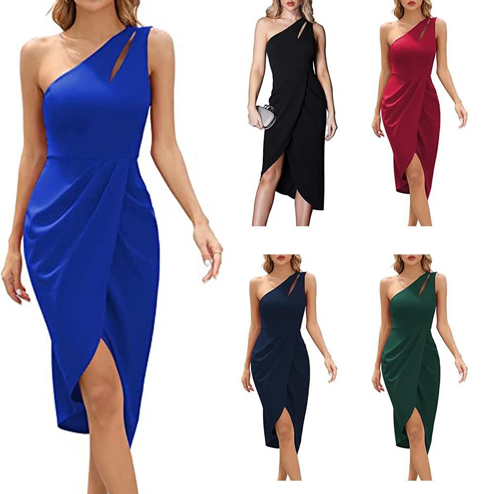 Women's one-shoulder cut-out tight pleated asymmetrical split cocktail party mini dress