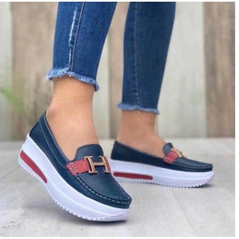 Foreign trade independent station autumn 2021 thick-soled round toe solid color women 40-43PU shallow mouth women's flat shoes blue 39