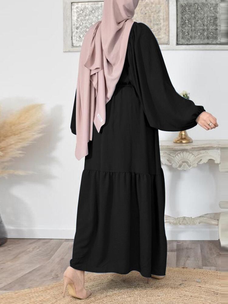 Solid Color Puff Sleeve O-neck Maxi Dress With Belt