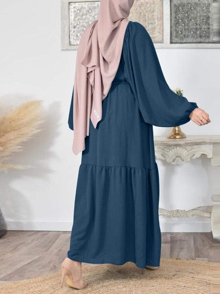 Solid Color Puff Sleeve O-neck Maxi Dress With Belt