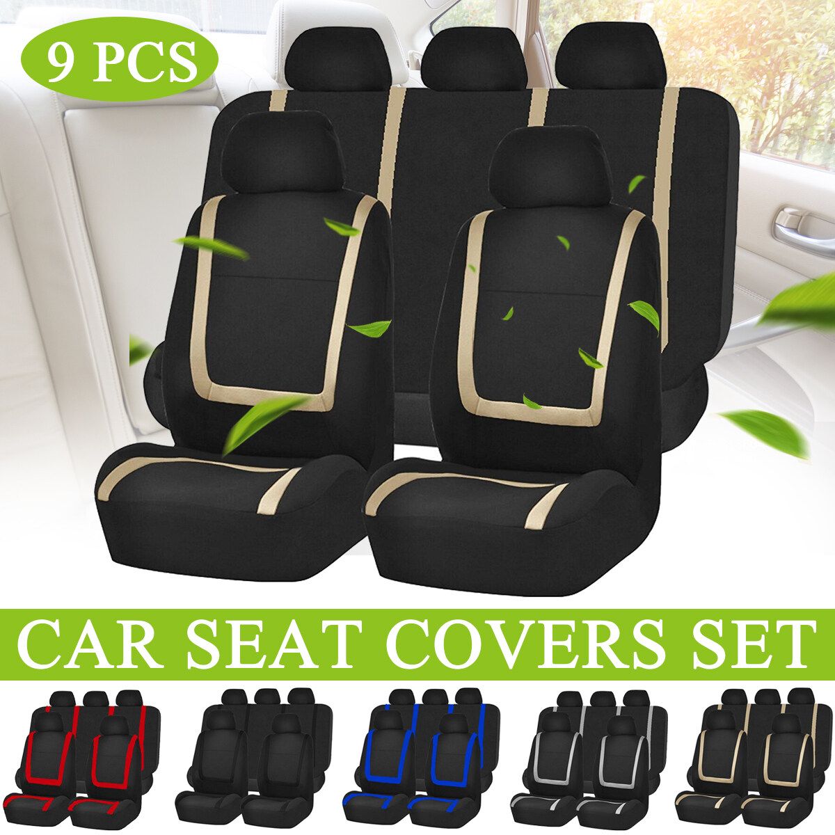 9Pcs/Set Adjustable Universal Car Seat Covers With Tire Track Detail Styling Car Seat Protector For All Cars Beige