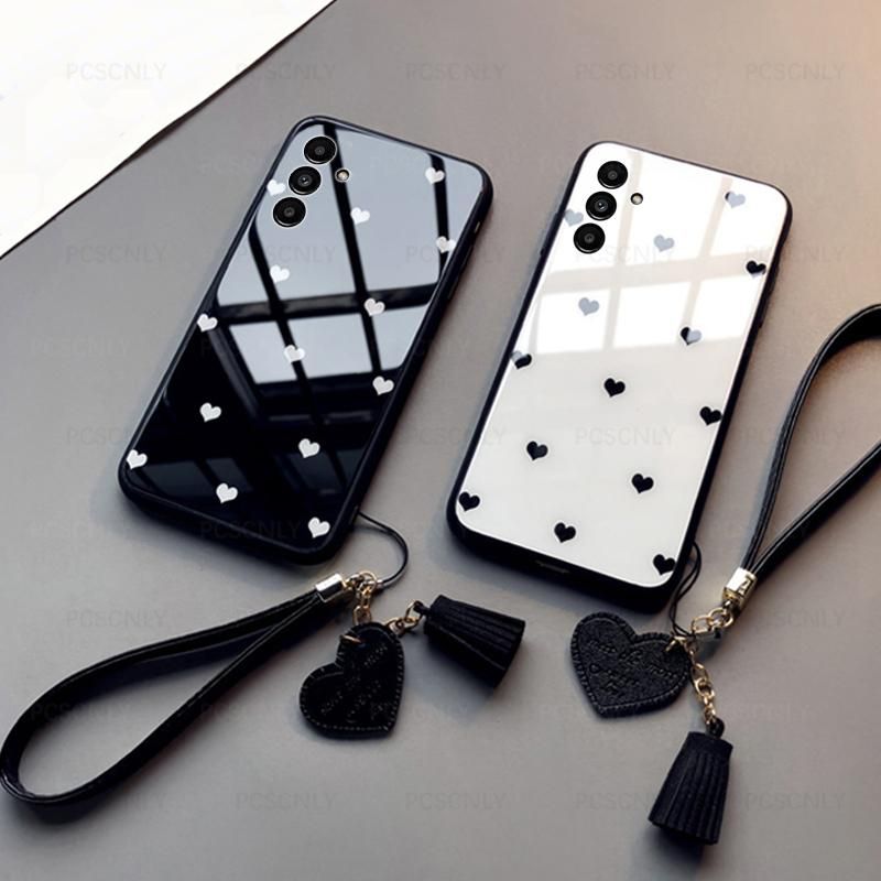 Glass Case For Samsung Galaxy A14 M14 A24 A34 A54 5G Fashion Love Heart Hard Phone Cover