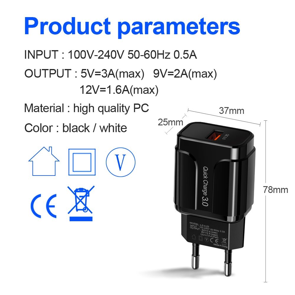 Portable QC3.0 18W USB Port Universal Quick Charging Charger, EU Plug(Black)
