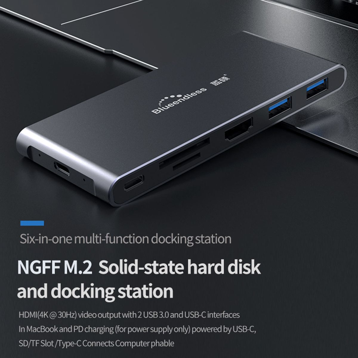 USB C Docking Station M.2 SD/TF Card Reader Slots Type C 6 In 1