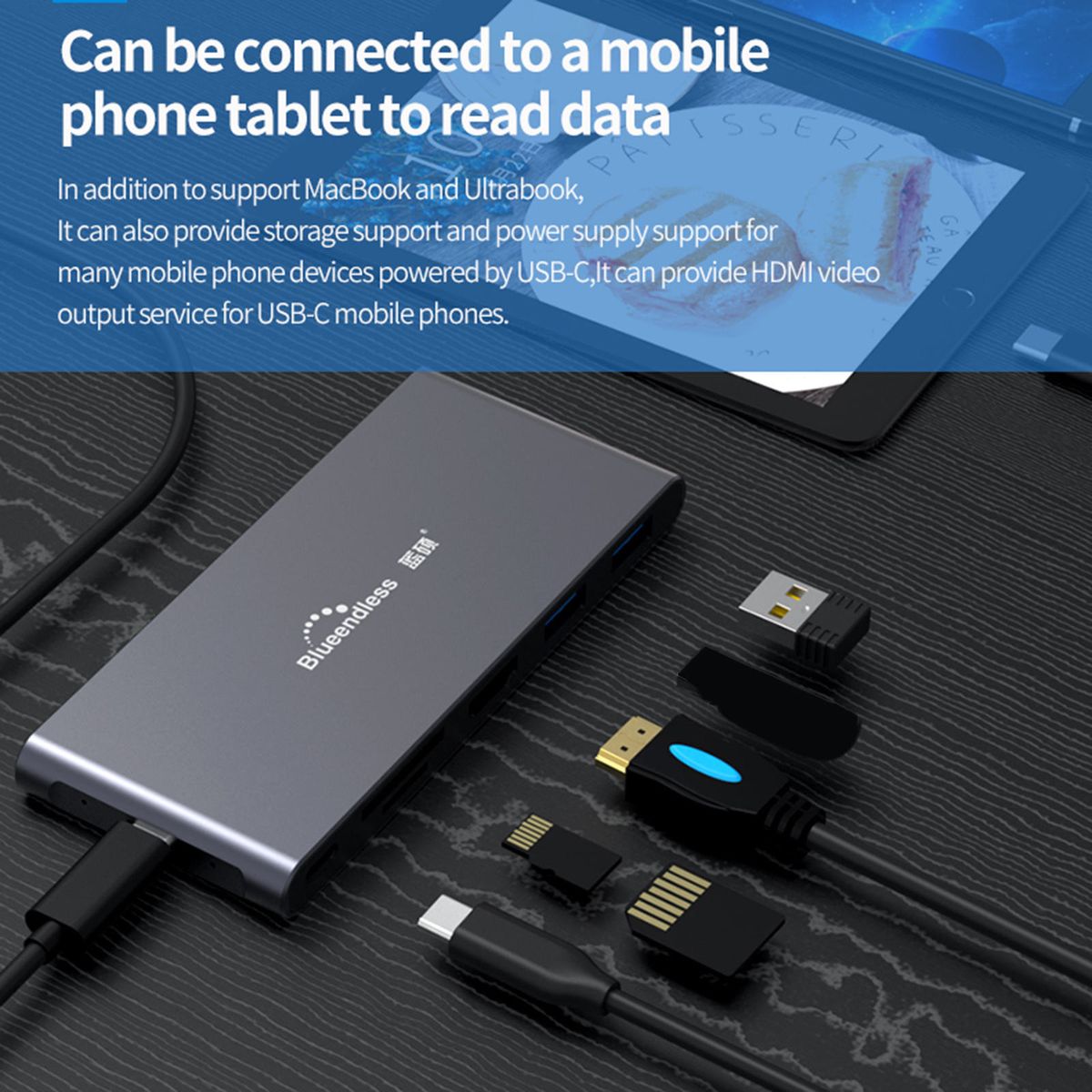 USB C Docking Station M.2 SD/TF Card Reader Slots Type C 6 In 1