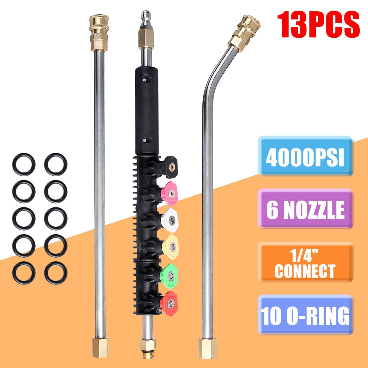13Pcs/Set 4000PSI Washer Wand Extension Replacement Lance With 6 Spray Nozzle Tips, 1/4" Quick Connect With 10 Replaceable Anti-Leaked Ring