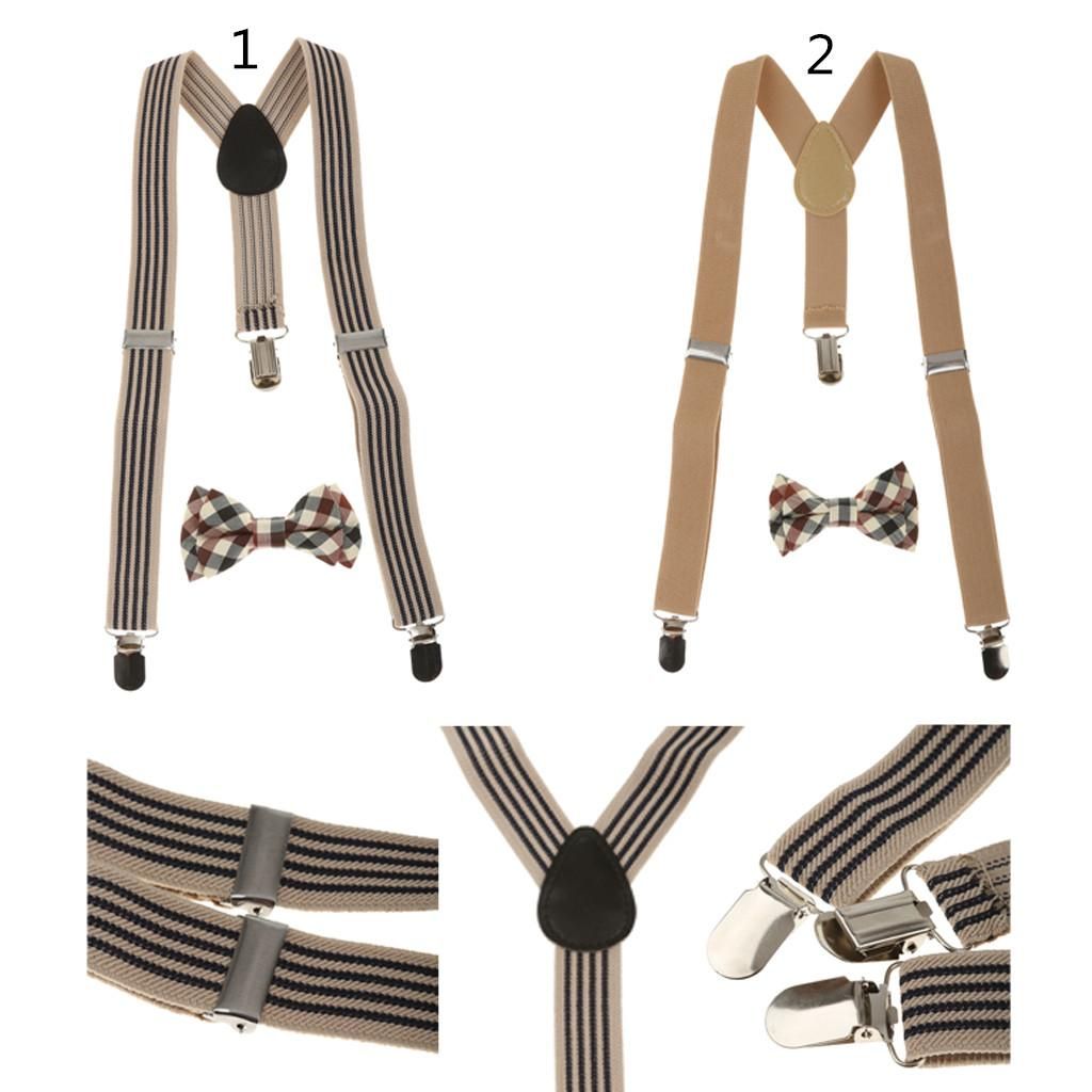 2Sets Kid Stretchble Y-back Suspender Plaid Bowtie Set