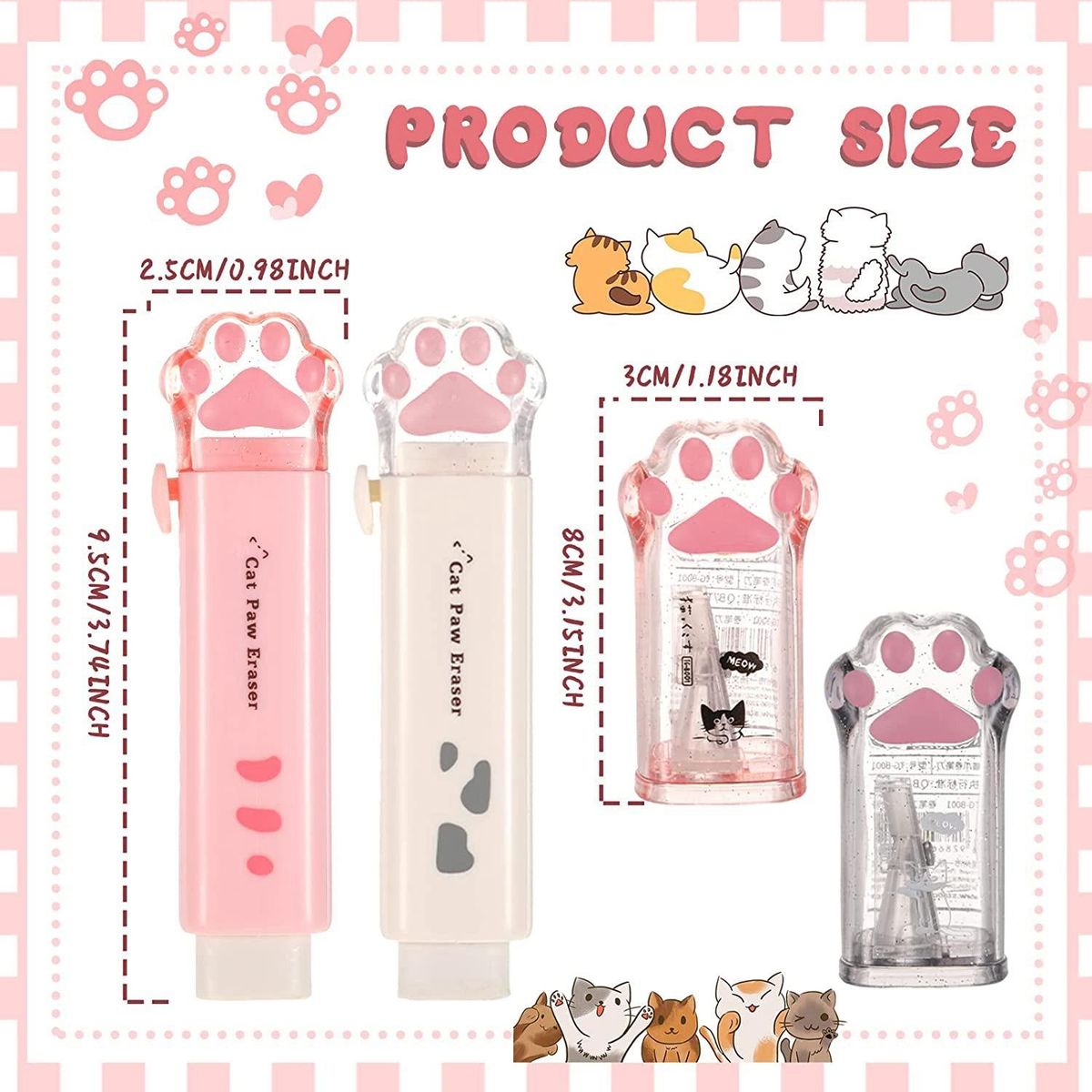 4 Pcs Cat Paw Shaped Retractable Eraser Kawaii Pencil
