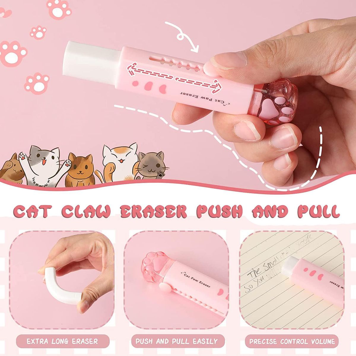 4 Pcs Cat Paw Shaped Retractable Eraser Kawaii Pencil