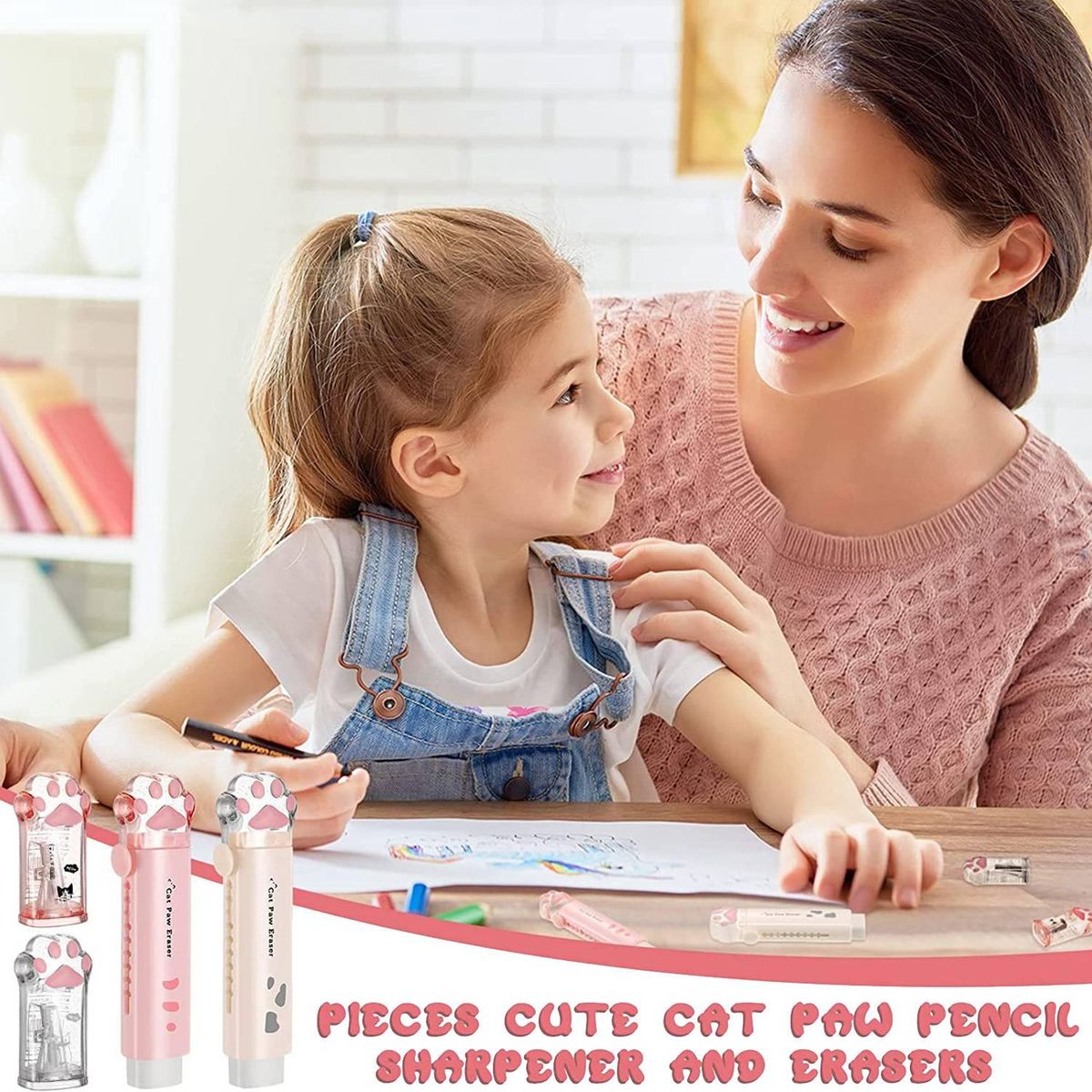 4 Pcs Cat Paw Shaped Retractable Eraser Kawaii Pencil