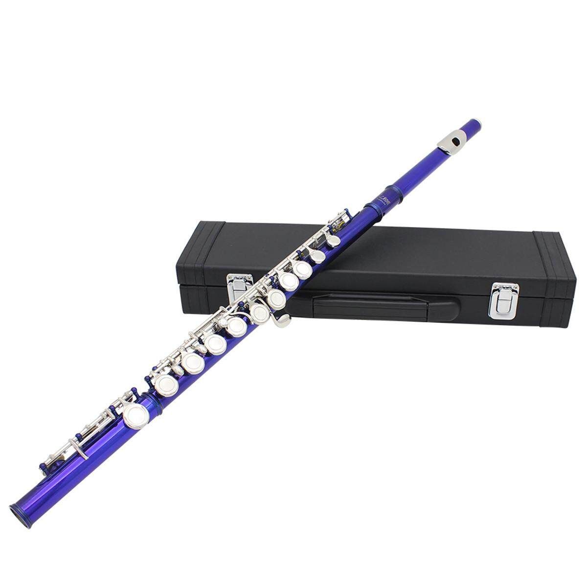 16 Holes Key Flute Cupronickel Plated Silver Woodwind Instrument With Cleaning Cloth Padded Case Blue (blue)