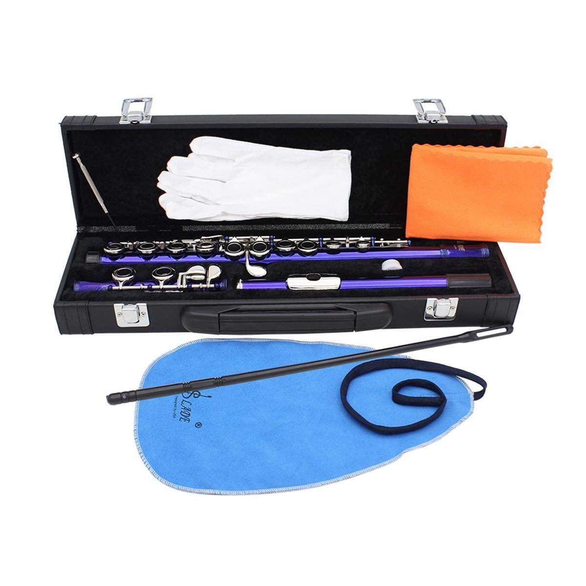 16 Holes Key Flute Cupronickel Plated Silver Woodwind Instrument With Cleaning Cloth Padded Case Blue (blue)