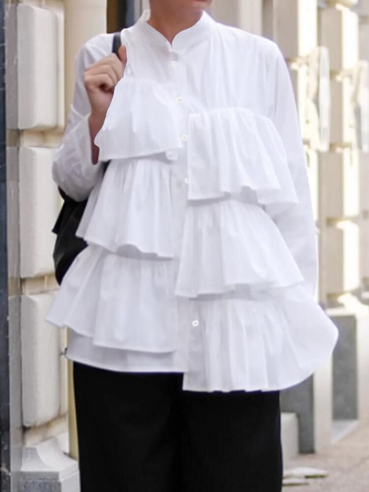 Women Pleats Solid Color Stand Collar Irregular Hem Casual Shirts