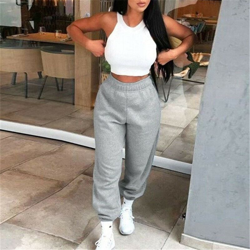 Autumn Winter Fleece Joggers Sweatpants Women High Waist Solid Loose Baggy Hip Hop Casual Fashion Sport Pants Streetwear(#White)