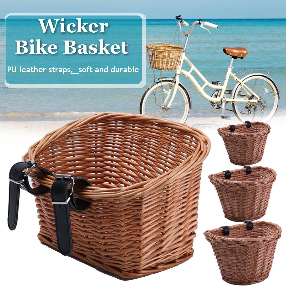 21x18.5x15cm Vintage Bicycle Wicker Bike Front Baskets Kids Cart Craftsmanship Handlebar Storage Shopping Box With Leather Straps 21x18.5x15cm